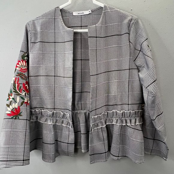 Mulaya Open Front Blazer Jacket M Black Plaid Peplum Embroidered Floral Sleeves - Picture 6 of 10